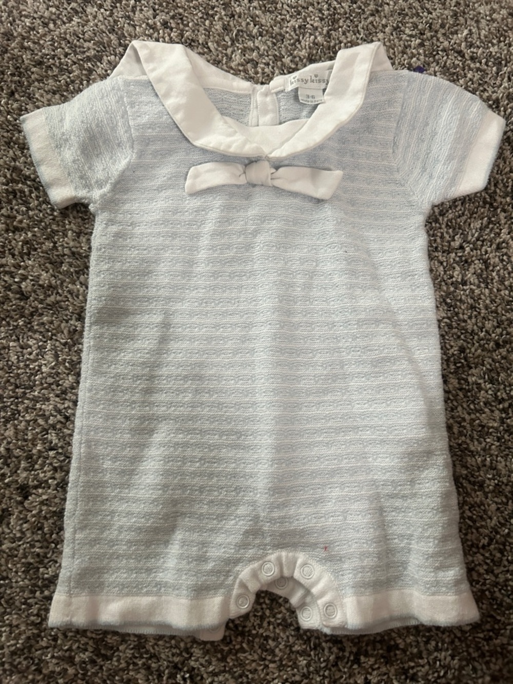 Kissy Kissy White and Light Blue Knit Baby Romper with Collar